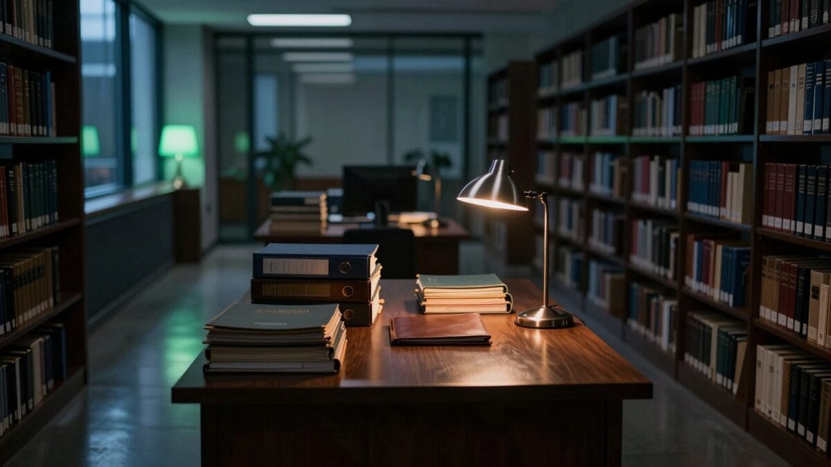 Bibliothèque de cabinet d'avocats au crépuscule, table en noyer avec classeurs et lampe, écran éteint au fond.