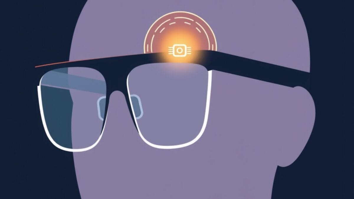 Illustration plate d'une paire de lunettes connectées avec un objectif discret et des ondes sonores, fond sombre