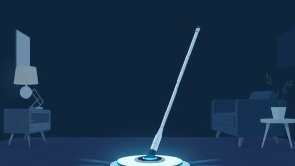 Illustration d'un robot aspirateur laveur avec un capteur caméra qui détecte les obstacles au sol dans un salon