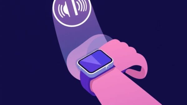 Illustration d'une montre connectée au poignet avec une icône d'assistant vocal IA lumineuse au-dessus de l'écran