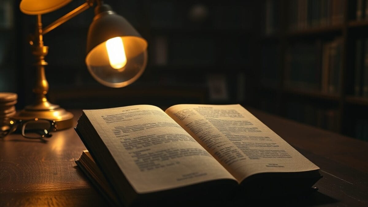 Livre fermé posé face contre bureau à côté d'une lampe de lecture