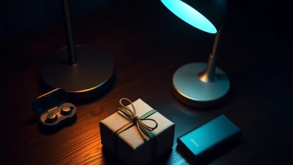 Petit cadeau emballé entouré d'accessoires tech sur une table
