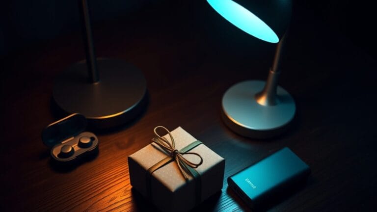 Idées cadeaux tech et IA à moins de 50 euros 10 Petit cadeau emballé entouré d'accessoires tech sur une table