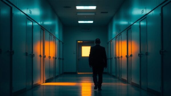 Couloir institutionnel avec porte entrouverte et silhouette au loin, symbolisant la distinction entre profils réels et générés