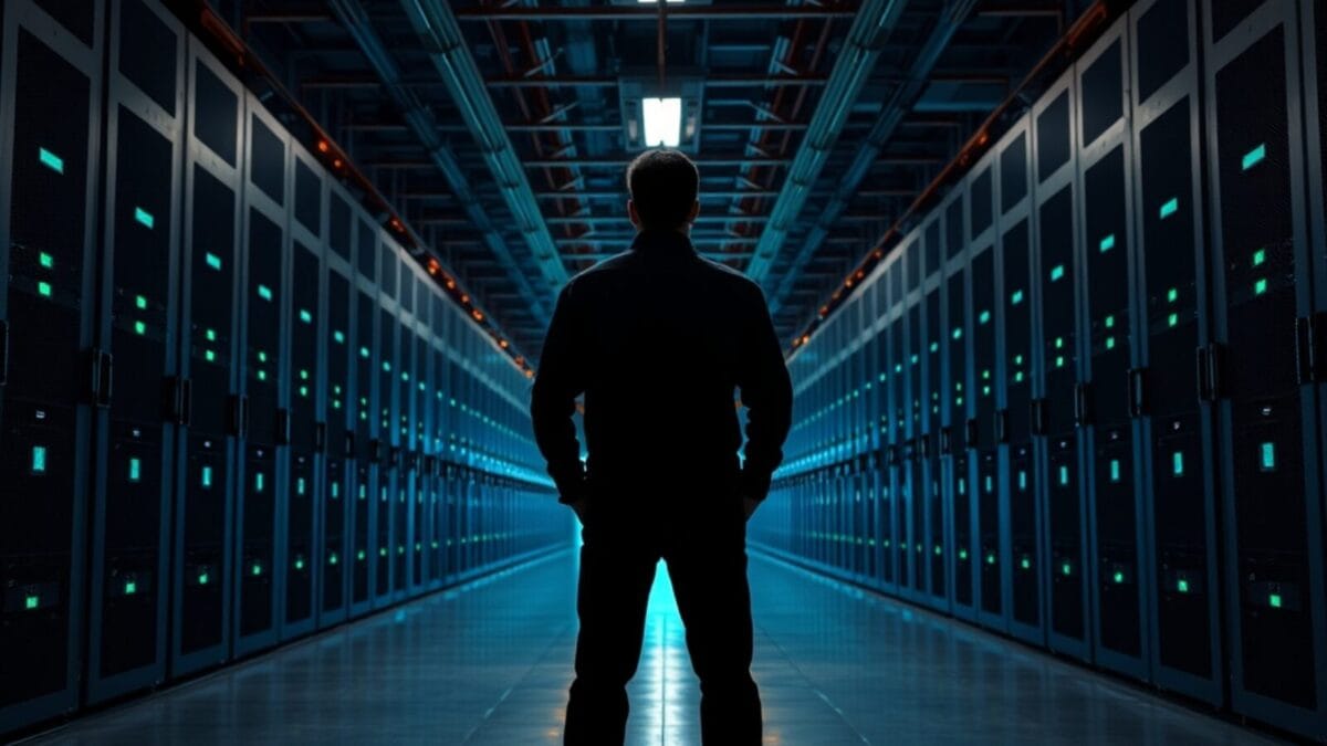 Salle de serveurs industrielle vide avec une silhouette de dos au loin, symbolisant la mise en ordre des données avant l'IA