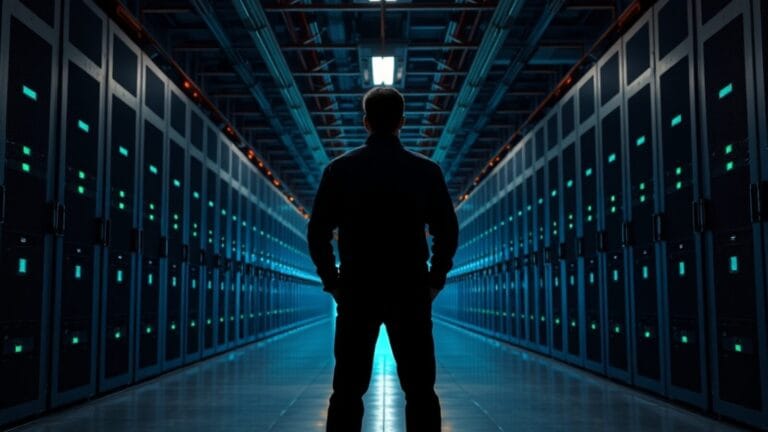 Salle de serveurs industrielle vide avec une silhouette de dos au loin, symbolisant la mise en ordre des données avant l'IA