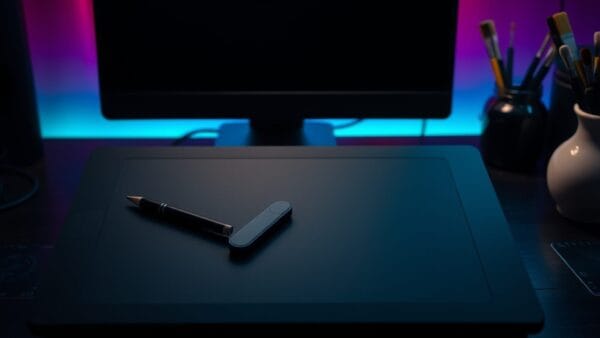Tablette graphique et stylet posés sur un bureau