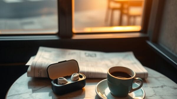 Écouteurs sans fil dans leur boîtier sur une table de café