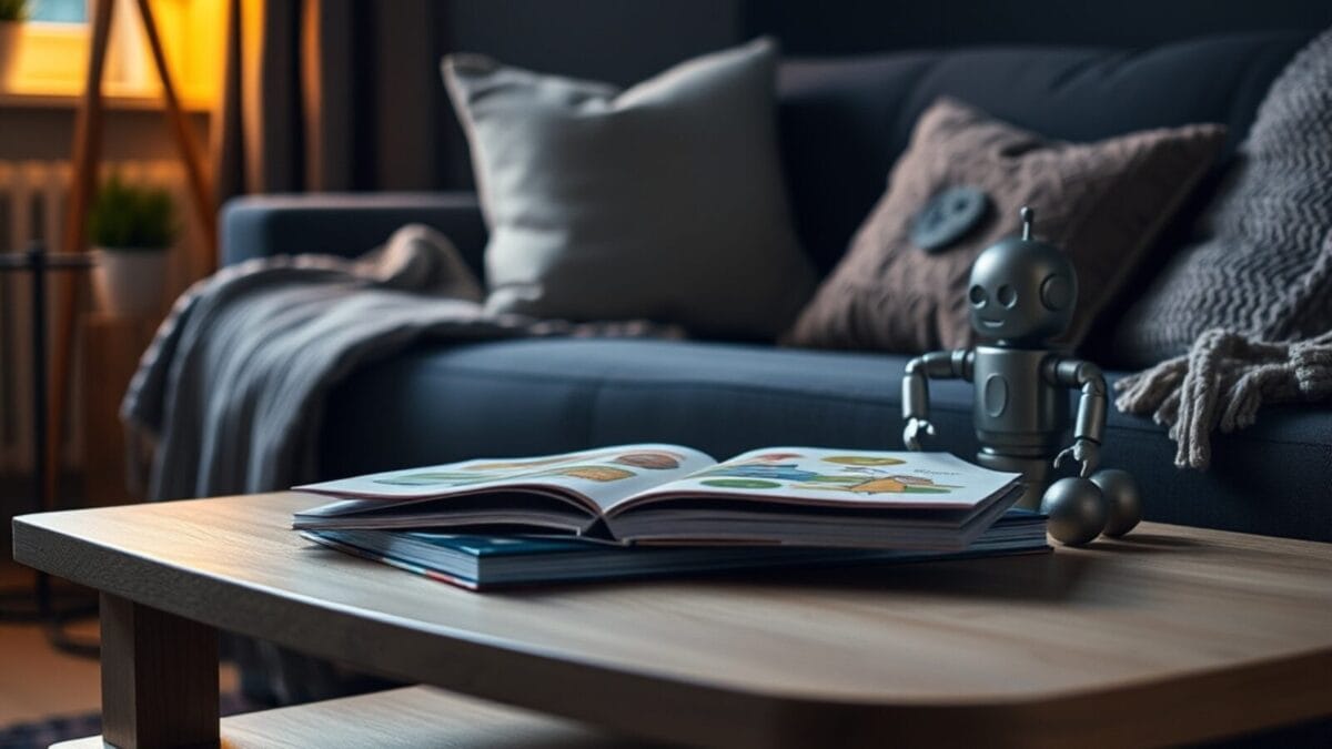 Les meilleurs livres pour expliquer l'IA aux enfants et en famille (BD et vulgarisation) 1 Pile de livres illustrés et petit robot sur une table basse de salon