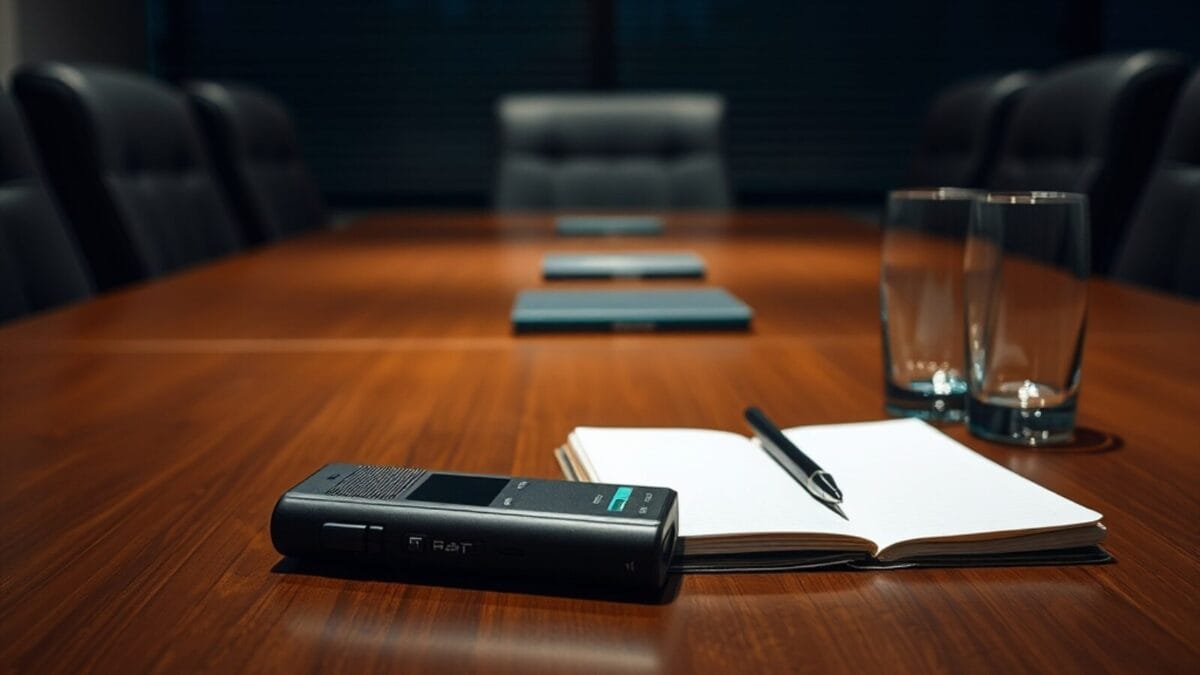 Petit enregistreur vocal posé sur une table de réunion