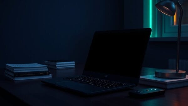 Bureau de développeur vide avec ordinateur portable fermé, ambiance sombre et feutrée.