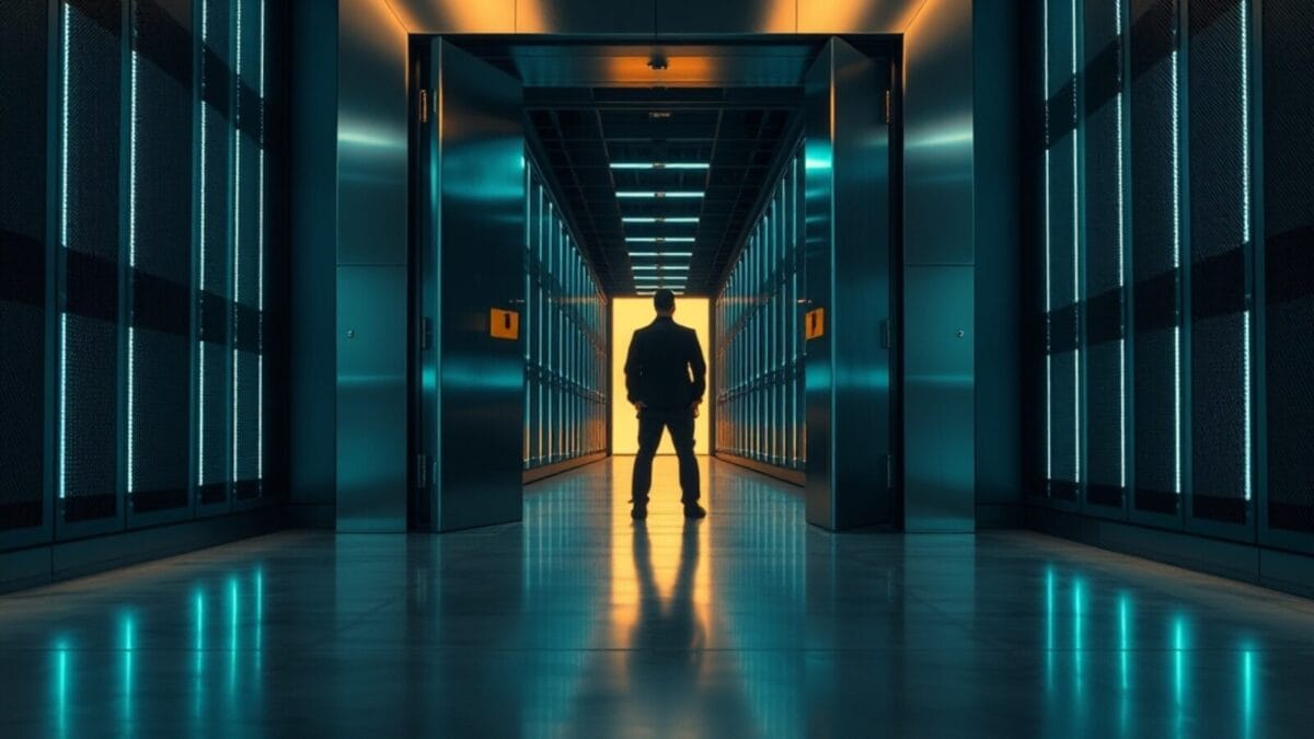 Couloir de sécurité informatique avec porte blindée entrouverte et silhouette de dos