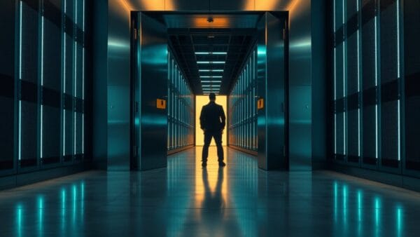 Couloir de sécurité informatique avec porte blindée entrouverte et silhouette de dos