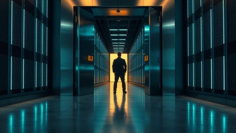 Couloir de sécurité informatique avec porte blindée entrouverte et silhouette de dos