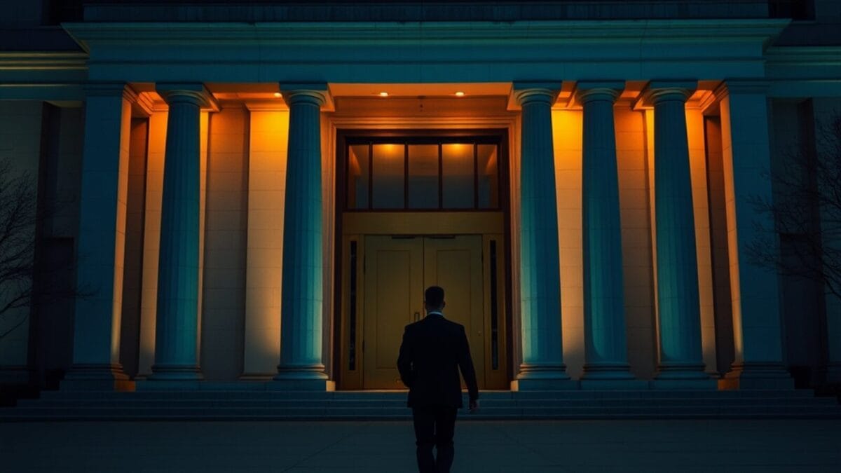 Entrée d'un bâtiment institutionnel au crépuscule, silhouette de dos traversant une esplanade vide.