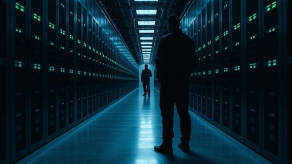 Salle de serveurs vide évoquant l'infrastructure d'agents IA autonomes