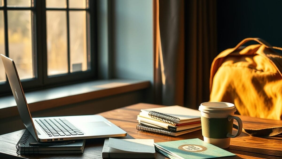 Bureau d'étudiant avec ordinateur portable et sac à dos