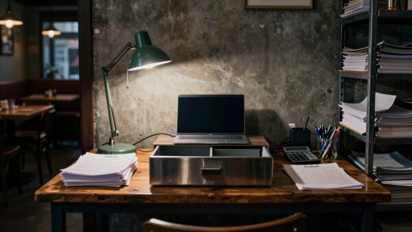 Bureau d'arrière-boutique d'un restaurant avec tiroir-caisse ouvert, reçus et ordinateur fermé.
