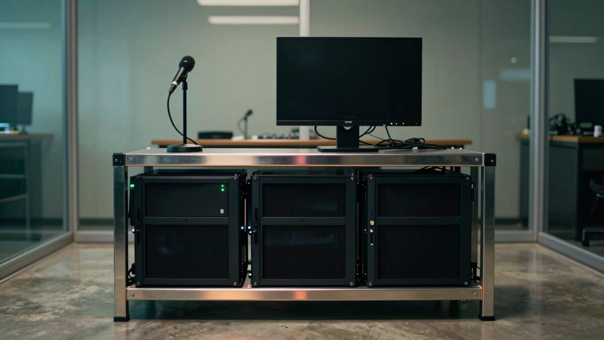 Serveur, micro et écran éteint dans une salle technique aux reflets bleu nuit et émeraude