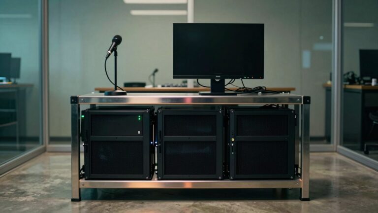 Serveur, micro et écran éteint dans une salle technique aux reflets bleu nuit et émeraude