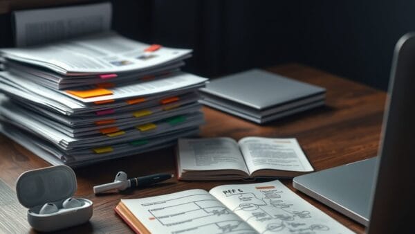Bureau avec dossiers imprimés, carnet ouvert, fiches de révision et écouteurs, illustrant l'usage de NotebookLM