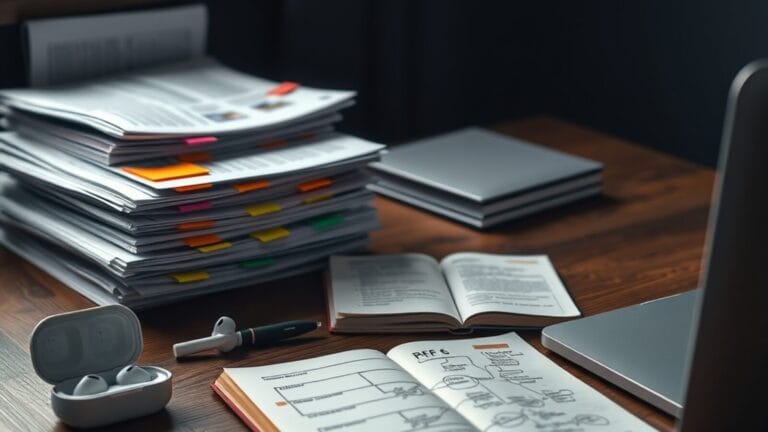 Bureau avec dossiers imprimés, carnet ouvert, fiches de révision et écouteurs, illustrant l'usage de NotebookLM