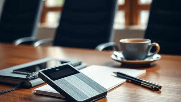 Enregistreur vocal IA au format carte bancaire posé sur une table de réunion à côté d'un carnet et d'un smartphone