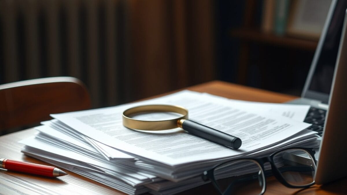 Copies d'étudiants, stylo rouge et loupe posés sur un bureau d'enseignant