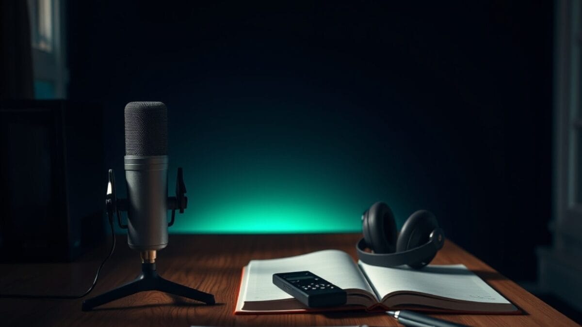 Microphone, casque audio, dictaphone et carnet posés sur un bureau, évoquant la transcription audio en texte
