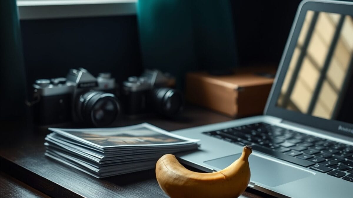Une petite banane posée près de tirages photo et d'un appareil photo sur un bureau, pour illustrer Nano Banana