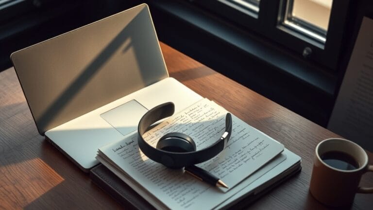 Ordinateur portable, casque audio et carnet de notes sur un bureau, pour illustrer la transcription d'une vidéo