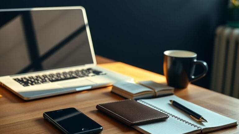 Bureau avec ordinateur portable fermé, smartphone retourné et portefeuille vide, symbole d'un usage gratuit de l'IA