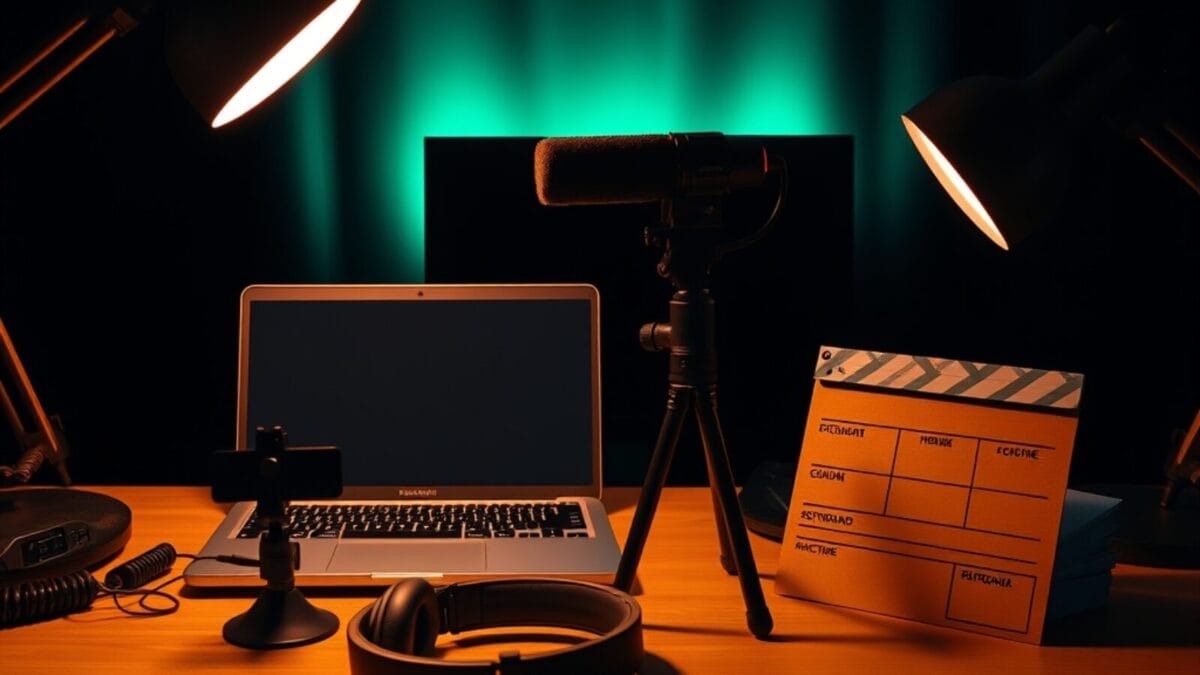 Bureau de création vidéo avec micro, caméra sur trépied et clap, illustrant le générateur InVideo AI