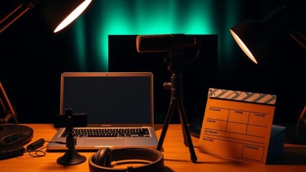 Bureau de création vidéo avec micro, caméra sur trépied et clap, illustrant le générateur InVideo AI