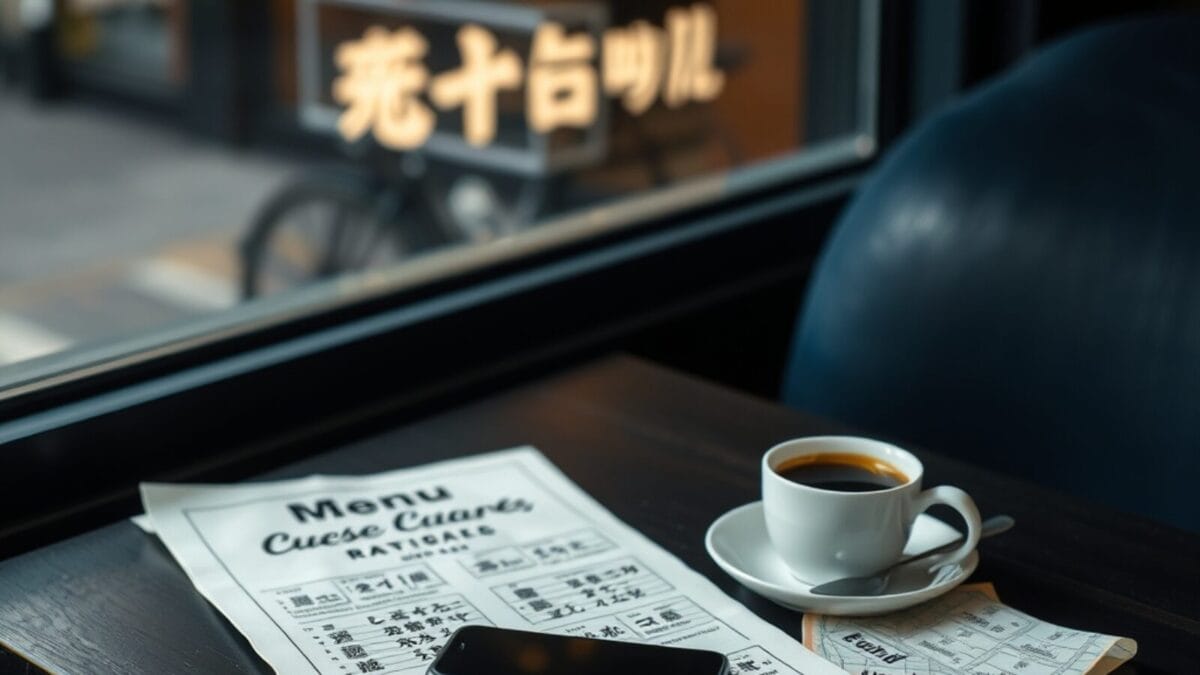 Menu de restaurant en langue étrangère posé sur une table à côté d'un smartphone