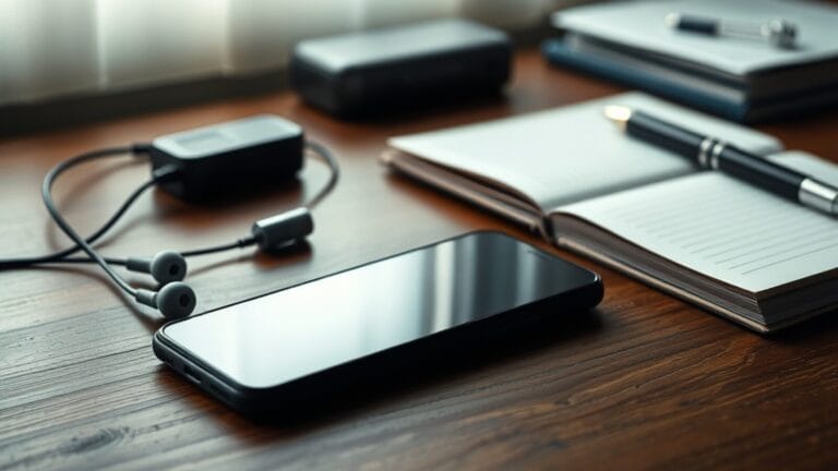 Smartphone posé sur un bureau à côté d'un petit enregistreur vocal, d'écouteurs et d'un carnet de notes