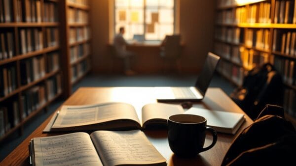 Bureau d'étudiant dans une bibliothèque universitaire avec manuels, carnet et ordinateur portable fermé
