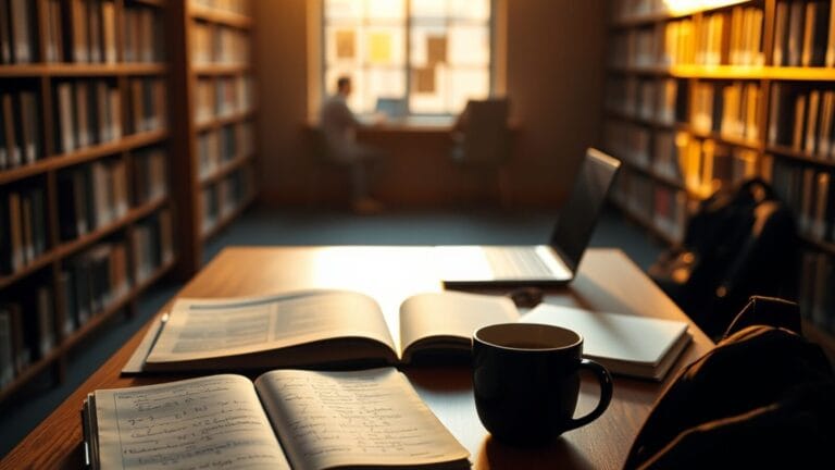 Gemini Pro étudiant : un an offert, mais pas la version Pro en France 12 Bureau d'étudiant dans une bibliothèque universitaire avec manuels, carnet et ordinateur portable fermé