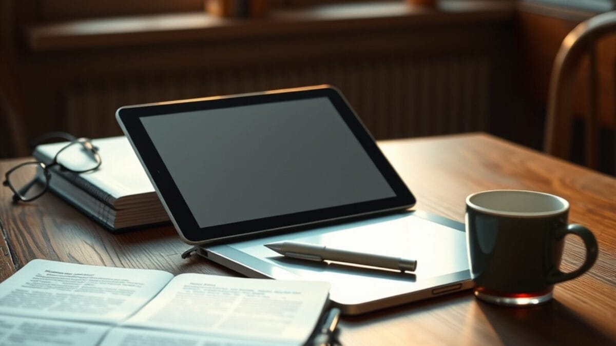 Liseuse grand format à encre électronique avec stylet posée sur un bureau en bois à côté d'un carnet papier
