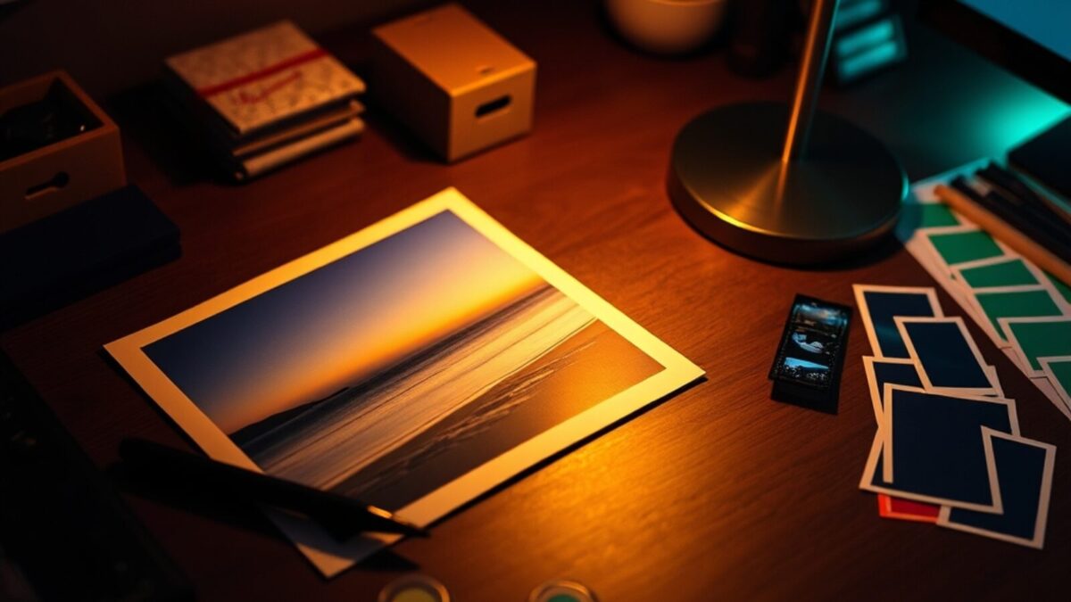 Photo imprimée d'un paysage à côté d'une bande de film, illustrant l'animation d'une image par IA