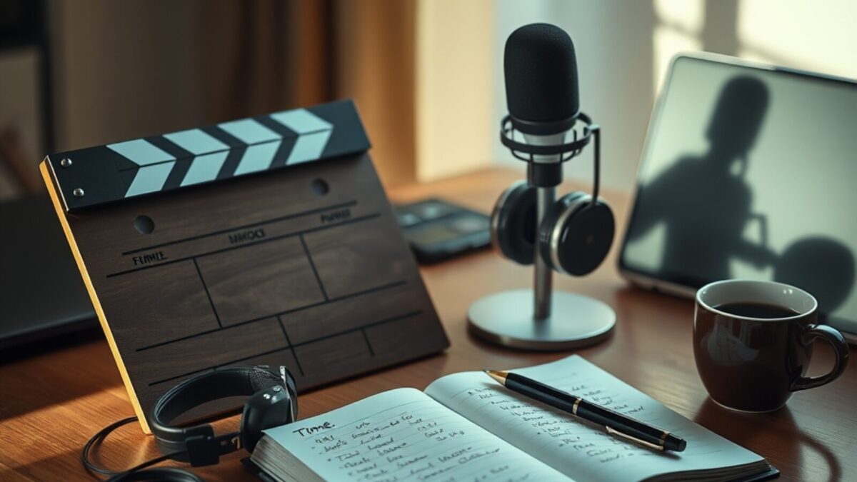 Sous-titrer une vidéo gratuitement : ce qui marche, ce qui coince 1 Bureau de montage vidéo avec clapperboard, casque, micro et carnet de repères temporels pour le sous-titrage