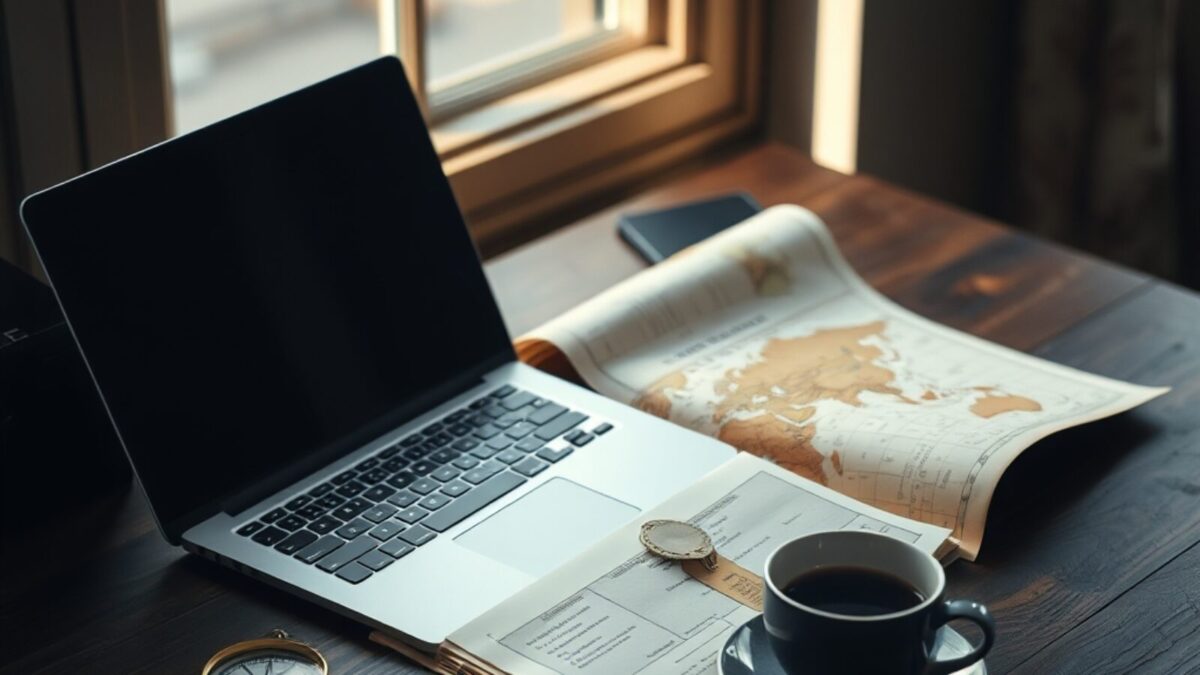Ordinateur portable fermé posé à côté d'un atlas papier ouvert et d'une boussole sur un bureau en bois