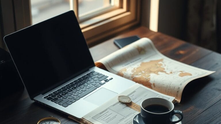 ChatGPT Atlas : le navigateur d'OpenAI est fermé, voici quoi faire 7 Ordinateur portable fermé posé à côté d'un atlas papier ouvert et d'une boussole sur un bureau en bois