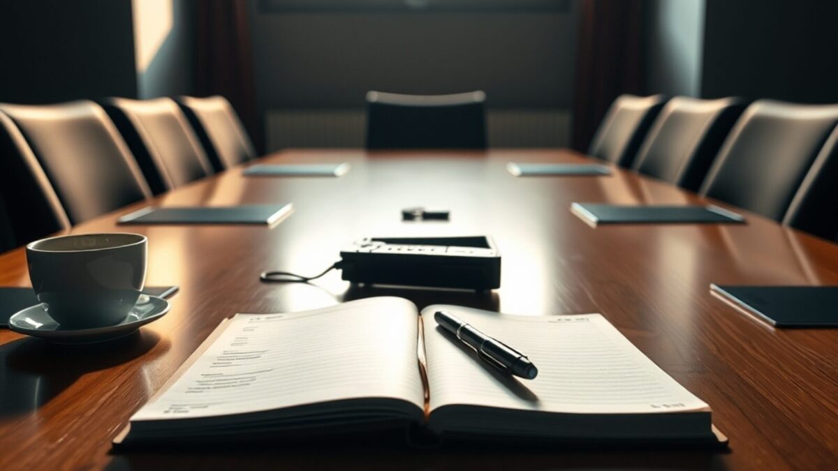 Table de réunion avec un enregistreur vocal, un carnet et une feuille de compte rendu
