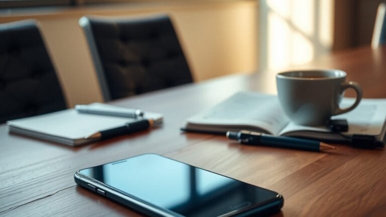 Dictaphone iPhone : transcription gratuite, limites et alternatives 4 iPhone posé à plat sur une table de réunion, à côté d'un carnet et d'un petit enregistreur vocal