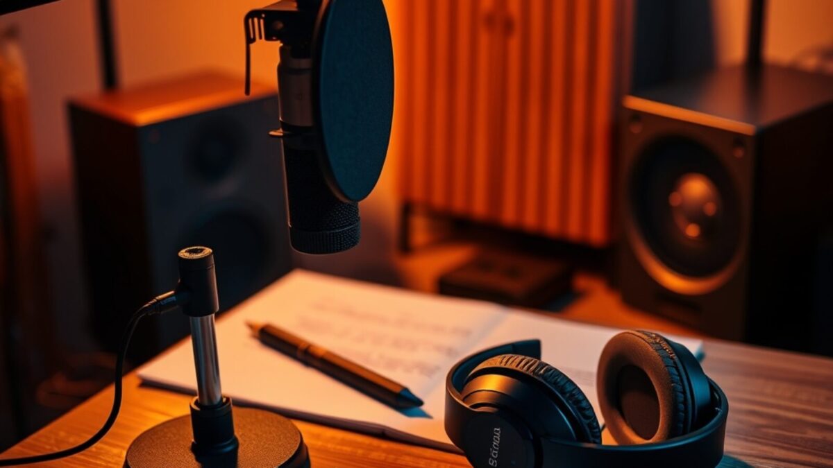 Micro de studio avec filtre anti-pop, casque et script annoté sur un bureau, illustration d'une voix off IA