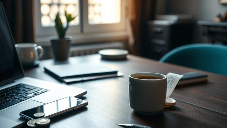 ChatGPT Go à 8 € : prix, limites et différences avec Plus en 2026 1 Bureau avec ordinateur fermé, pièces en euros et carnet, illustrant le prix des abonnements ChatGPT