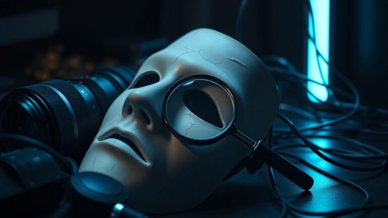 Masque fissuré, loupe et câbles lumineux sur un bureau, symbole du deepfake et de sa détection