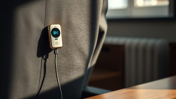 Enregistreur Plaud NotePin fixé au revers d'une veste, avec cordon et bracelet posés sur un bureau