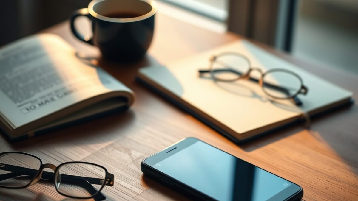 Smartphone posé face contre un bureau en bois, à côté d'un carnet fermé et d'une tasse de café